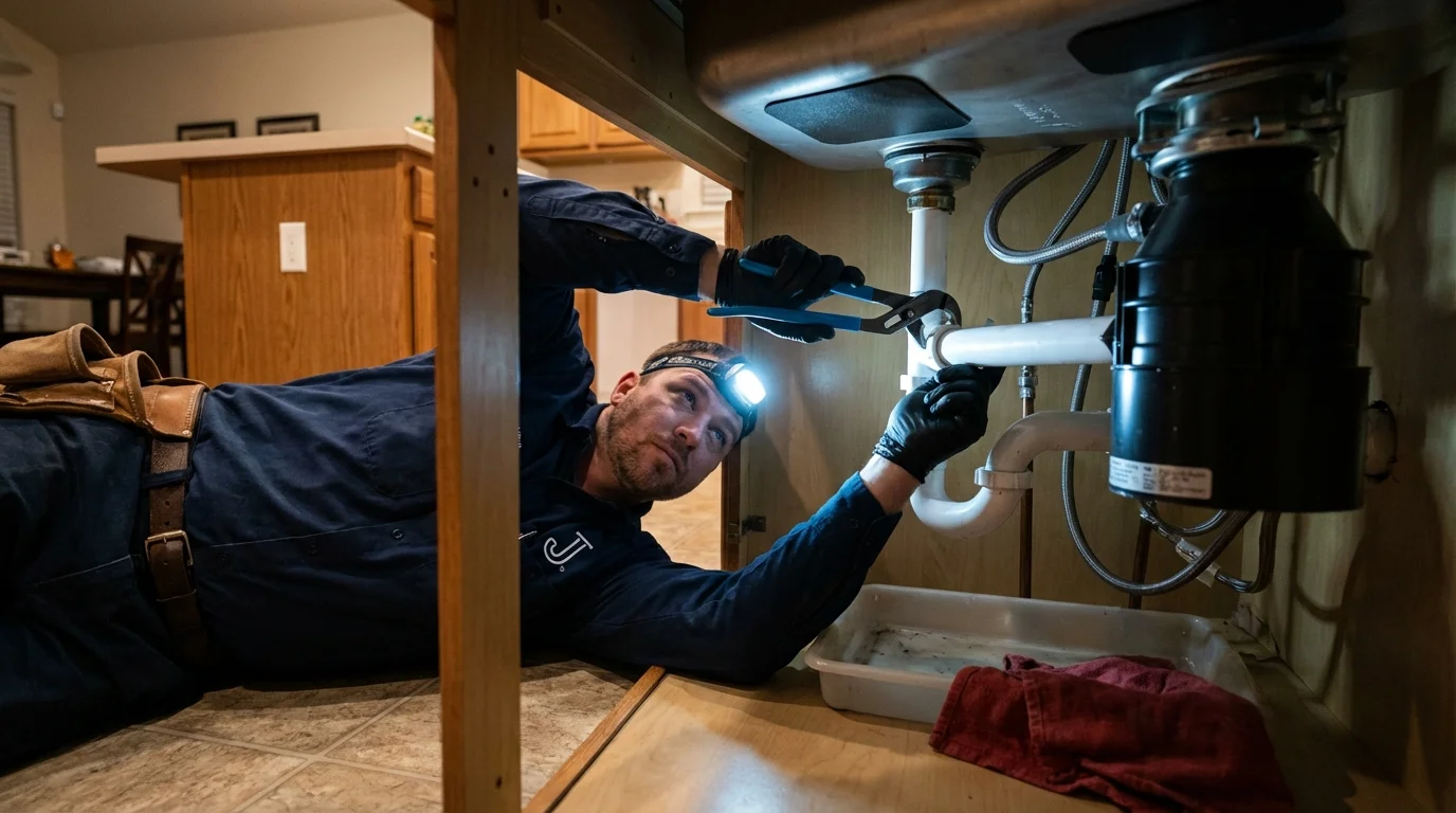 P-trap and supply line connections under a kitchen sink showing a common leak point in Sweetwater, TX